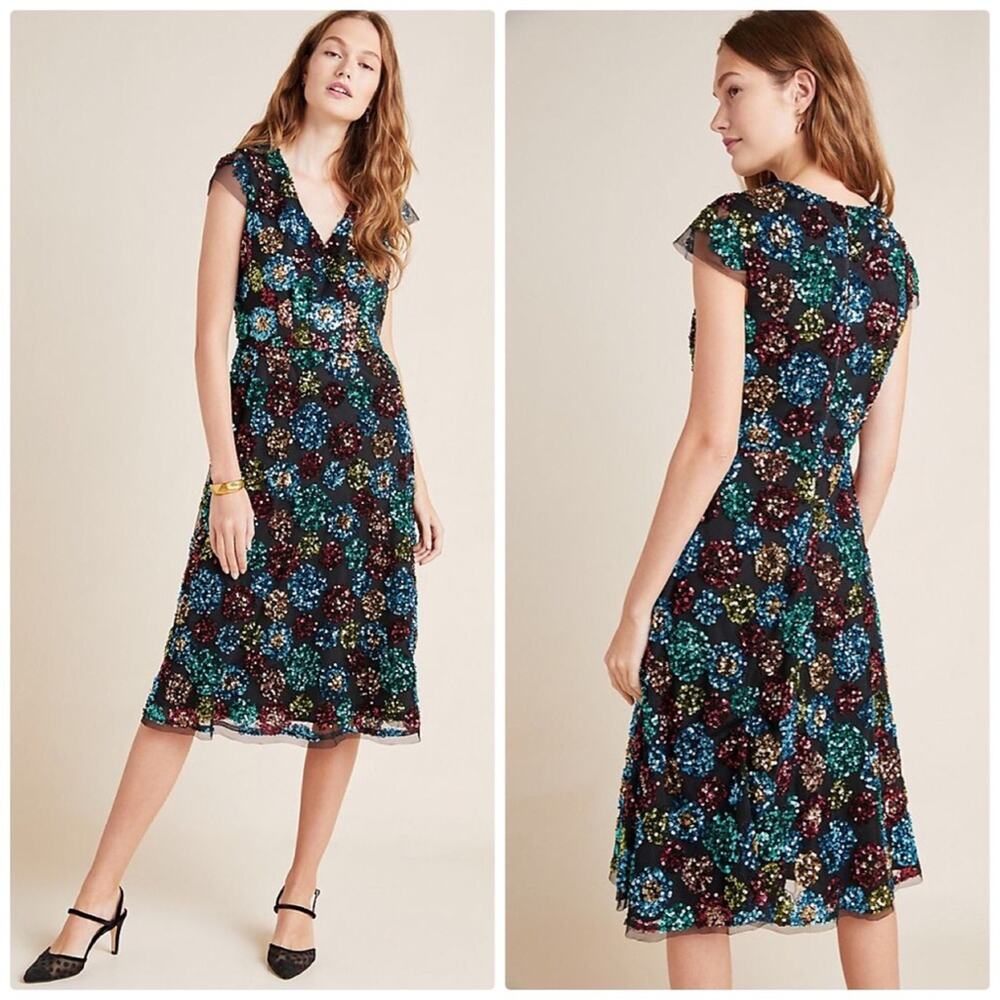 Anthropologie Women's Eve Franco Glenna Black Sequined V-Neck Dress 6 NEW